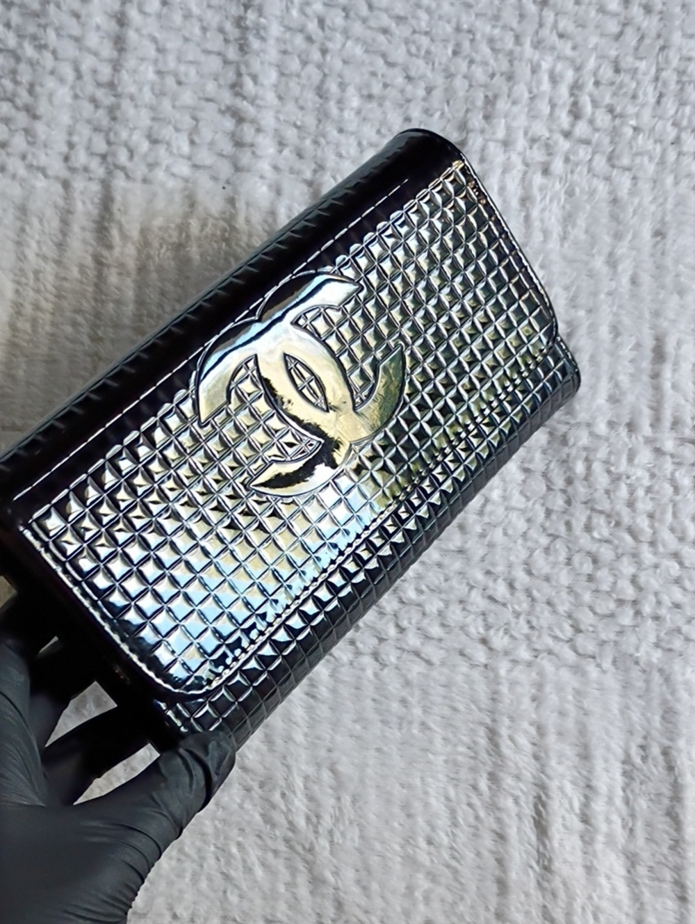 Black Patent Quilted Card Holder with Silver CC Logo